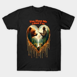 Heart-Shaped Artwork Depicting the Relationship Between Hunter, Bear, and Deer in a Forest Setting T-Shirt